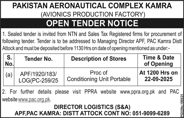 Pakistan Aeronautical Complex Kamra Tender Notice